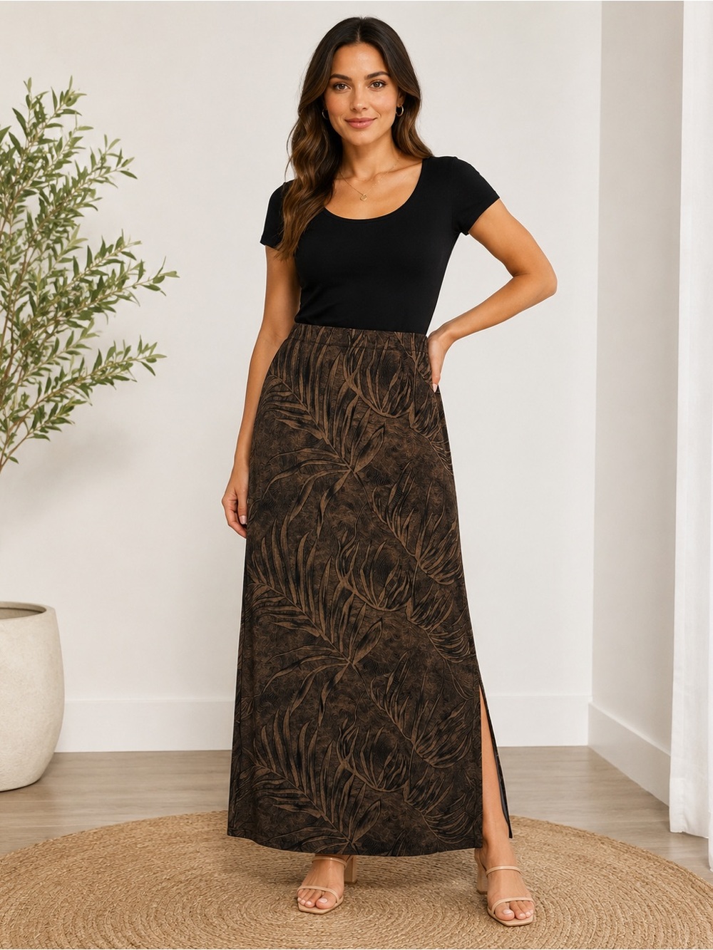 Primavera Brown Leaf Print Maxi Skirt with Side Slits Size XL Boho Stretch